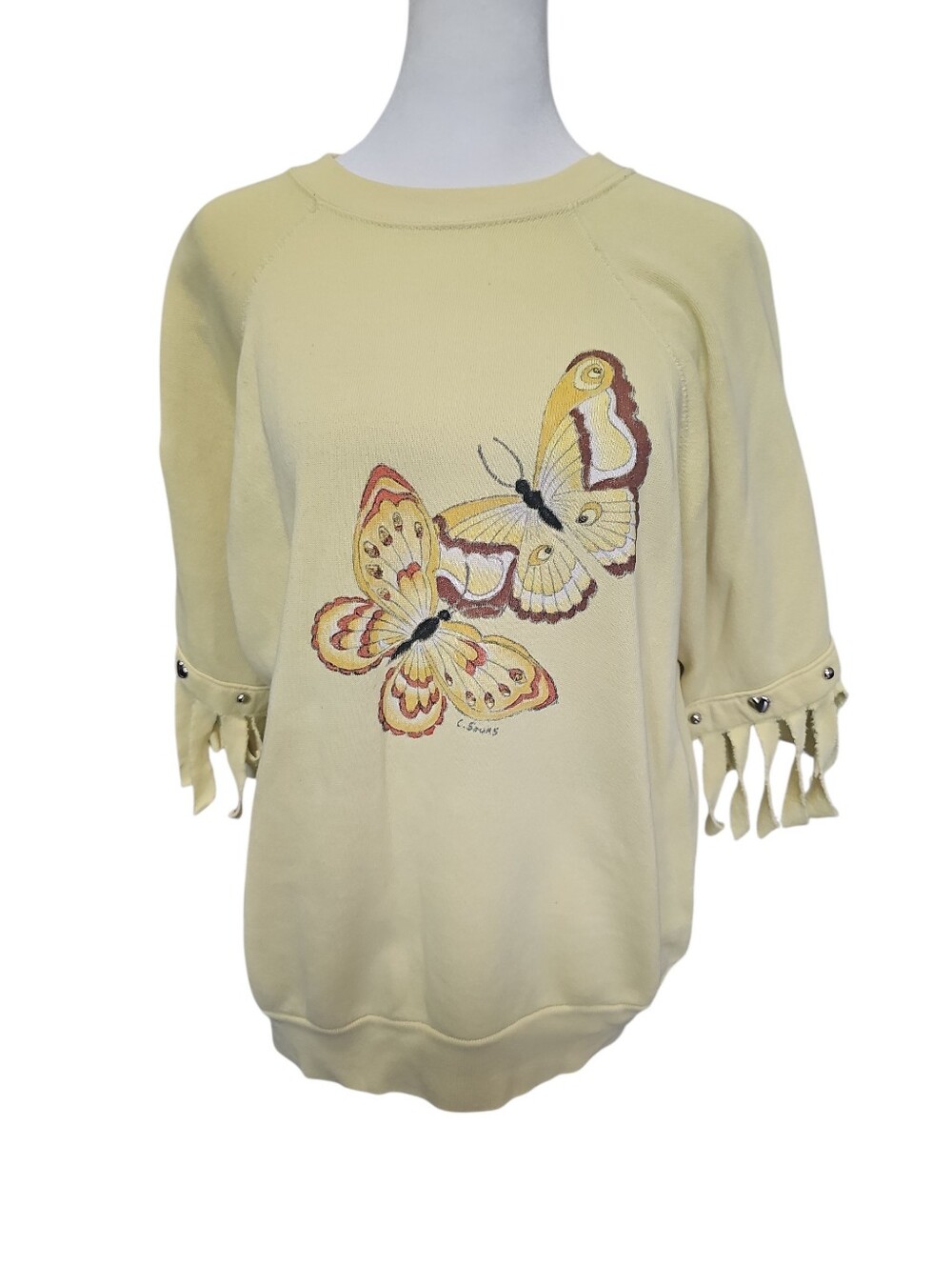 2000s Y2k Yellow Butterfly Graphic Fringe Trim Studded Sleeves Sweater Top LG